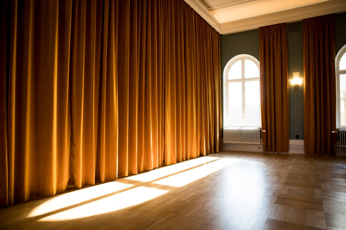 Ett guldfärgat sammetsdraperi täcker ena väggen. I rummets andra vägg finns två välvda fönster. Solljuset skiner in på golvet.