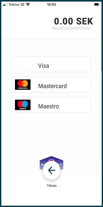 Skärmdump från app, knappar för betalningsmetoder visa, mastercard, maestro