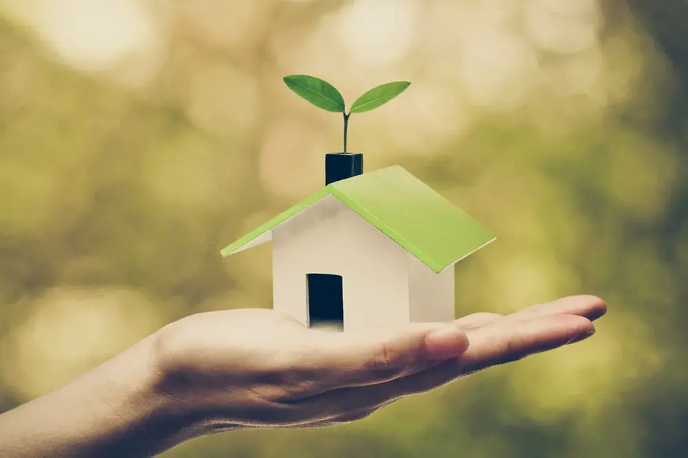 En hand håller en modell av ett litet hus med grönt tak. Ur skorstenen växer en liten planta.