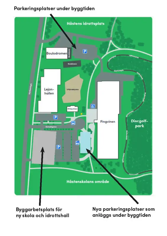 Illustrationskarta som beskriver vart det finns parkeringsplatser under byggtiden.
