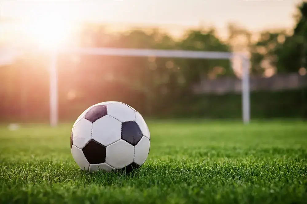 En fotboll ligger på gräset framför mål. Solnedgång i bakgrunden.